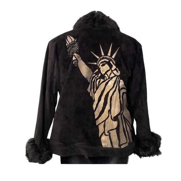 CHAR vintage woman’s black suede jacket Lady Liberty & Flag, fur, 8, EUC - Picture 7 of 12